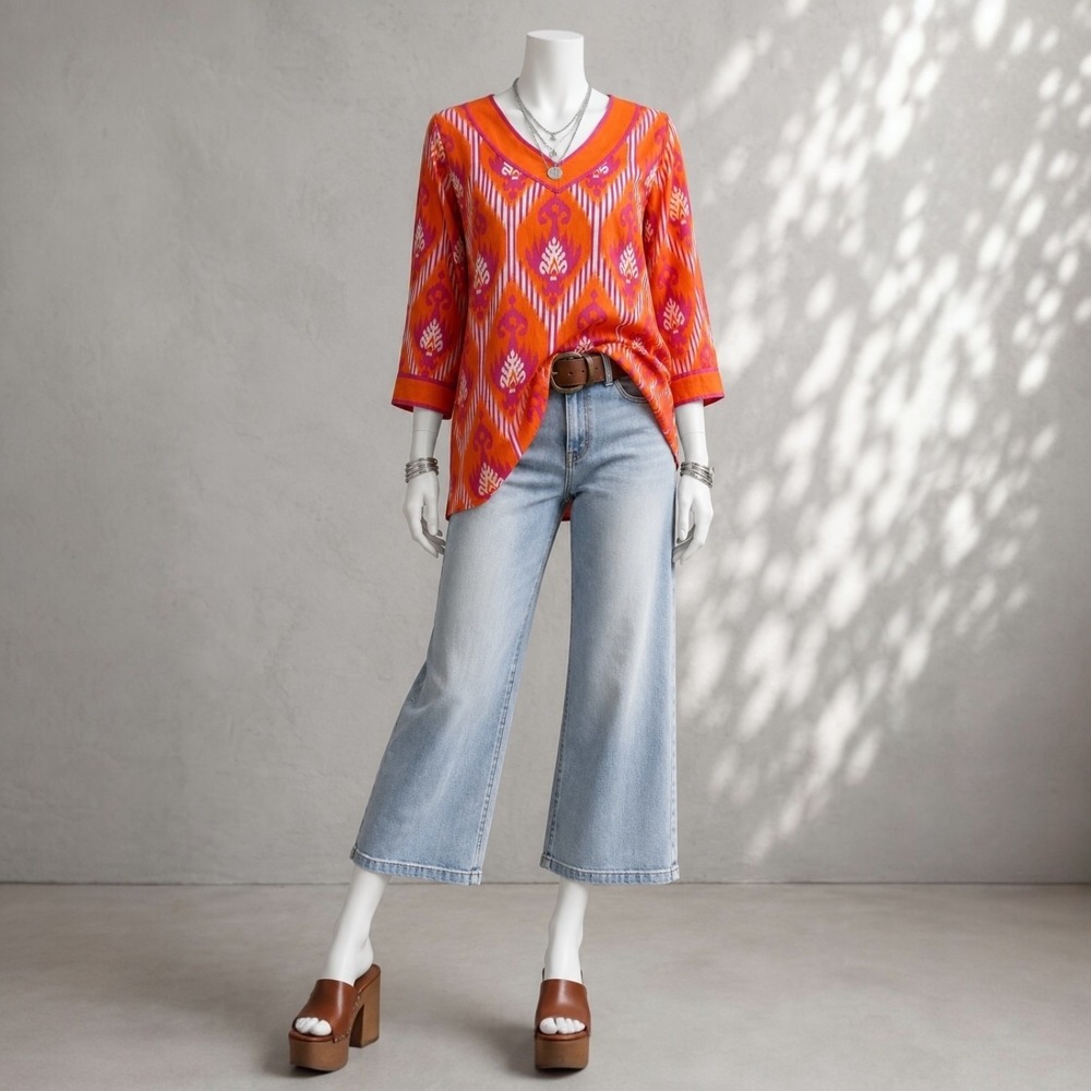 Gretchen Scott Top M Orange Purple Ikat Batik V Neck Cotton Resort Tunic - Picture 13 of 14